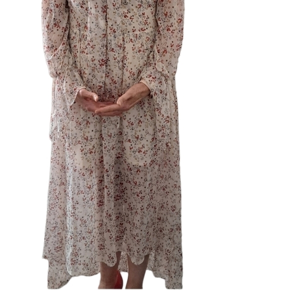 Romantic bohemian tiny floral chiffon sleeves summer dress lined hi low hem S - Picture 3 of 16